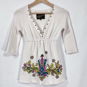 🔥 3/$15🔥Vintage V-Neck Embroidered Thermal Top Y2K Babydoll School Cottage XS